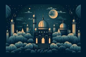 a poster for eid mu mura with a mosque and a moon photo