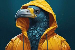 a poster of a bird wearing a jacket and a hoodie photo