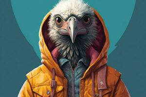 a poster of a bird wearing a jacket and a hoodie photo