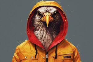 a poster of a bird wearing a jacket and a hoodie photo