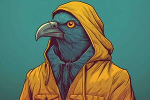 a poster of a bird wearing a jacket and a hoodie photo