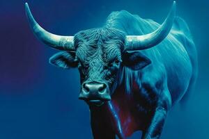 a poster of a bull with a blue background and the photo