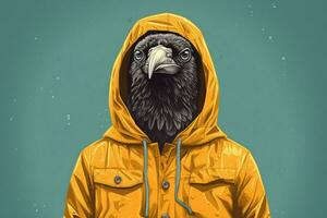 a poster of a bird wearing a jacket and a hoodie photo