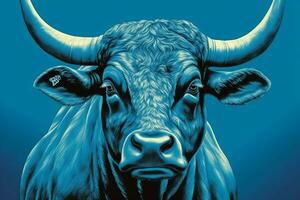 a poster of a bull with a blue background and the photo