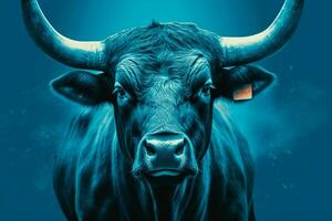 a poster of a bull with a blue background and the photo