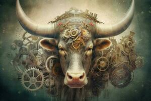 a poster of a bull with a bunch of gears on it photo