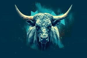 a poster of a bull with a blue background and the photo