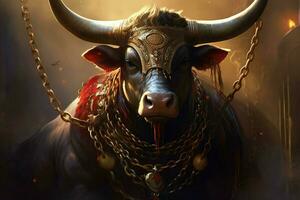 a poster of a bull with a chain around his neck photo