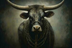 a poster of a bull with a chain around his neck photo