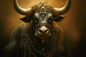 a poster of a bull with a chain around his neck photo