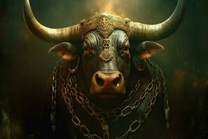 a poster of a bull with a chain around his neck photo