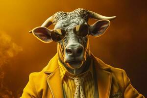 un póster de un toro con un amarillo chaqueta y sol foto