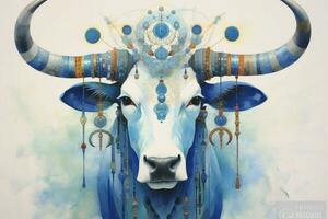 un póster de un vaca con un azul cabeza y cuernos foto