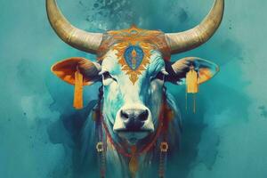 a poster of a cow with a blue head and horns photo