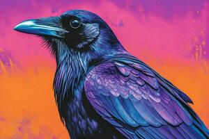 a poster of a crow with a purple background and a photo