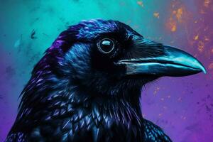 a poster of a crow with a purple background and a photo