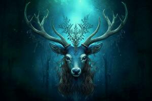 a poster of a deer with a blue head and horns photo