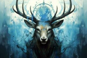 a poster of a deer with a blue head and horns photo