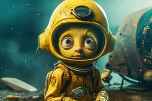 un póster de un pequeño extraterrestre con un amarillo casco un foto