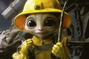 a poster of a little alien with a yellow helmet a photo