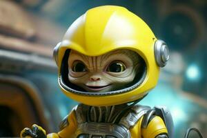 a poster of a little alien with a yellow helmet a photo