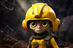 a poster of a little alien with a yellow helmet a photo