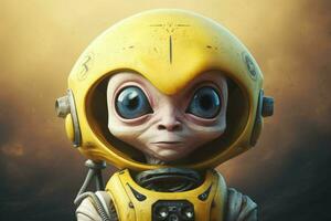 a poster of a little alien with a yellow helmet a photo