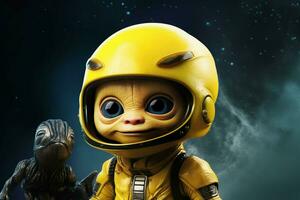 a poster of a little alien with a yellow helmet a photo