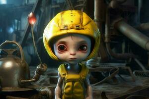 a poster of a little alien with a yellow helmet a photo