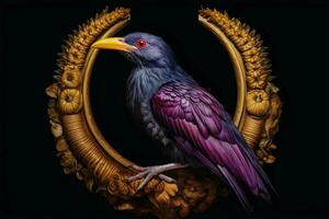 a purple bird with a yellow beak and a gold ring ar photo