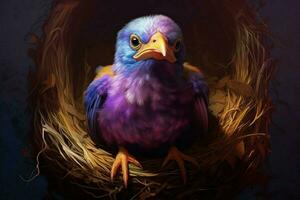 a purple bird with a yellow beak and a gold ring ar photo