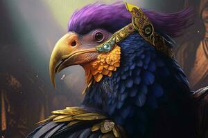 a purple bird with a yellow beak and a gold ring ar photo