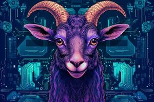 a purple and blue poster of a goat with horns and photo