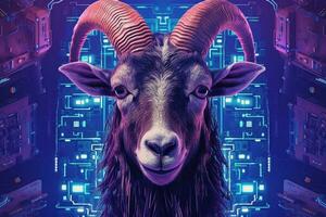 a purple and blue poster of a goat with horns and photo