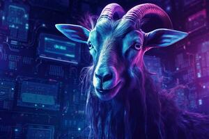a purple and blue poster of a goat with horns and photo