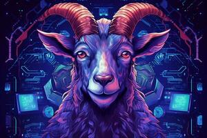 a purple and blue poster of a goat with horns and photo