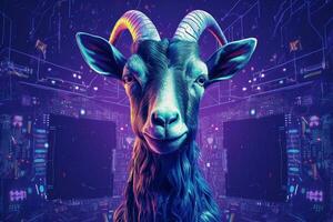 a purple and blue poster of a goat with horns and photo