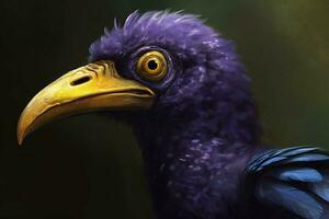 a purple bird with a yellow beak and a gold ring photo