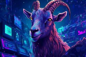 a purple and blue poster of a goat with horns and photo