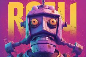 a purple poster with a robot head and the word ro photo