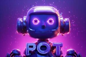 a purple poster with a robot head and the word ro photo