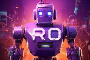 a purple poster with a robot head and the word ro photo