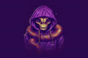 a purple snake with a hoodie that saysskullon it photo