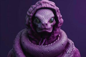 a purple snake with a hoodie that saysskullon it photo