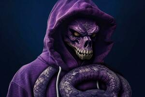 a purple snake with a hoodie that saysskullon it photo