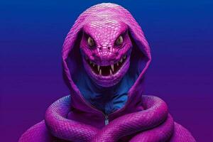 a purple snake with a hoodie that saysskullon it photo