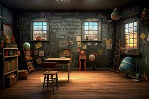 a room with a blackboard that says photo