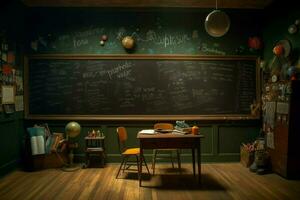 a room with a blackboard that says photo
