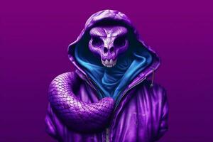 a purple snake with a hoodie that saysskullon it photo