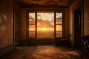 a room with a view and a window with a sunset in th photo